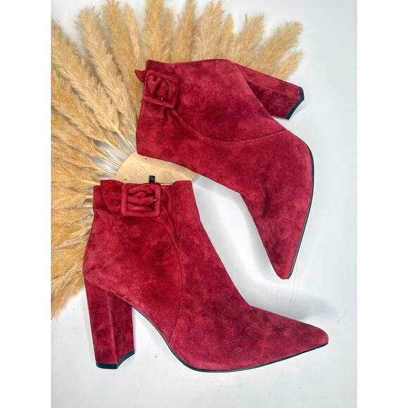Pelle Moda Edson Red Suede Pointed Toe Ankle Boots Size 9.5 Bow Buckle Strap - Picture 1 of 8